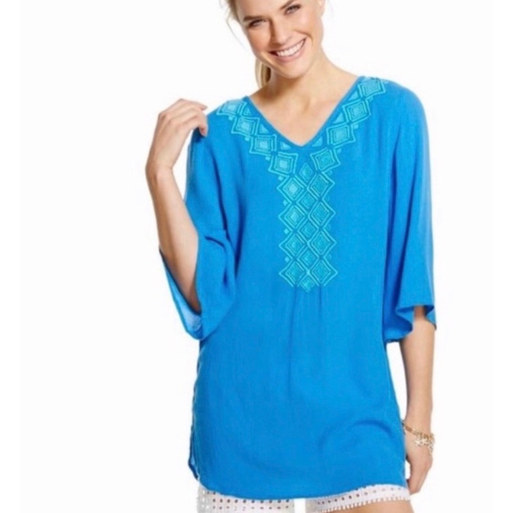 Lilly Pulitzer for Target Blue Embroidered V-Neck Tunic Top XL Rayon Boho